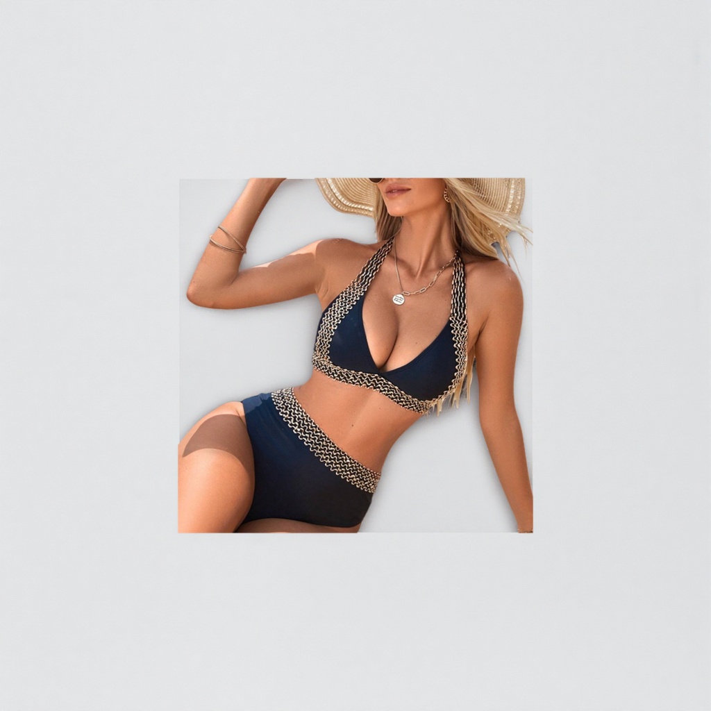 Dark blue women's swimsuit with gold chain Specification image
