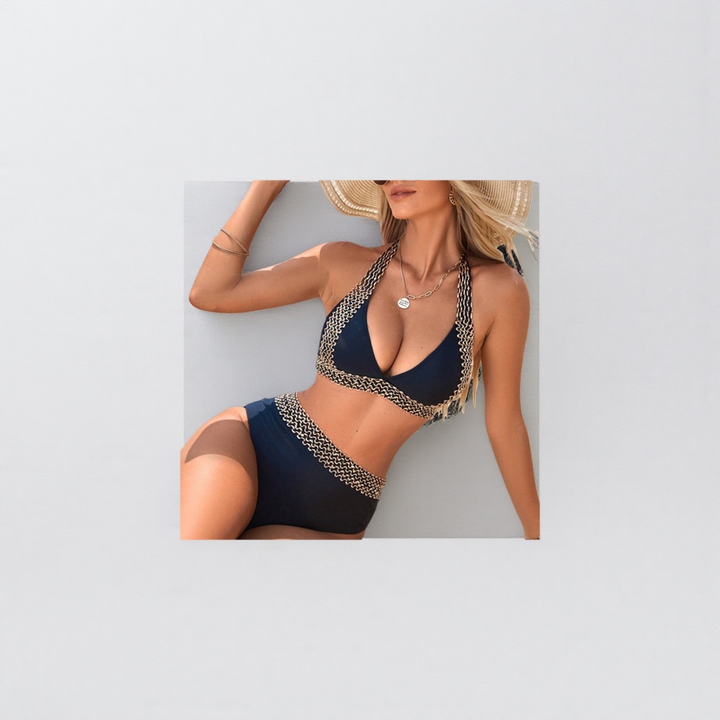 Dark blue women's swimsuit with gold chain