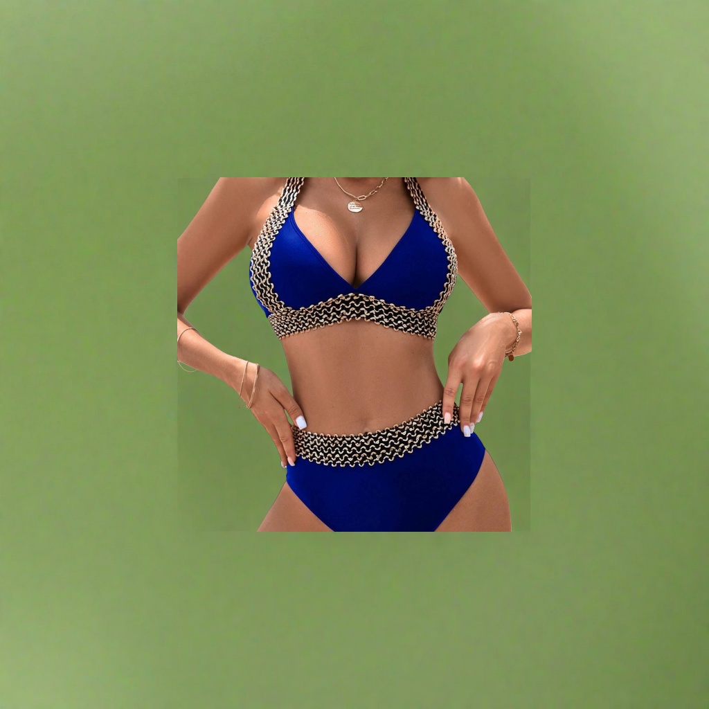 A blue women's beach bikini set with a deep V-neck, high-waisted top and black and gold wavy sequin trim on the bottom details Picture