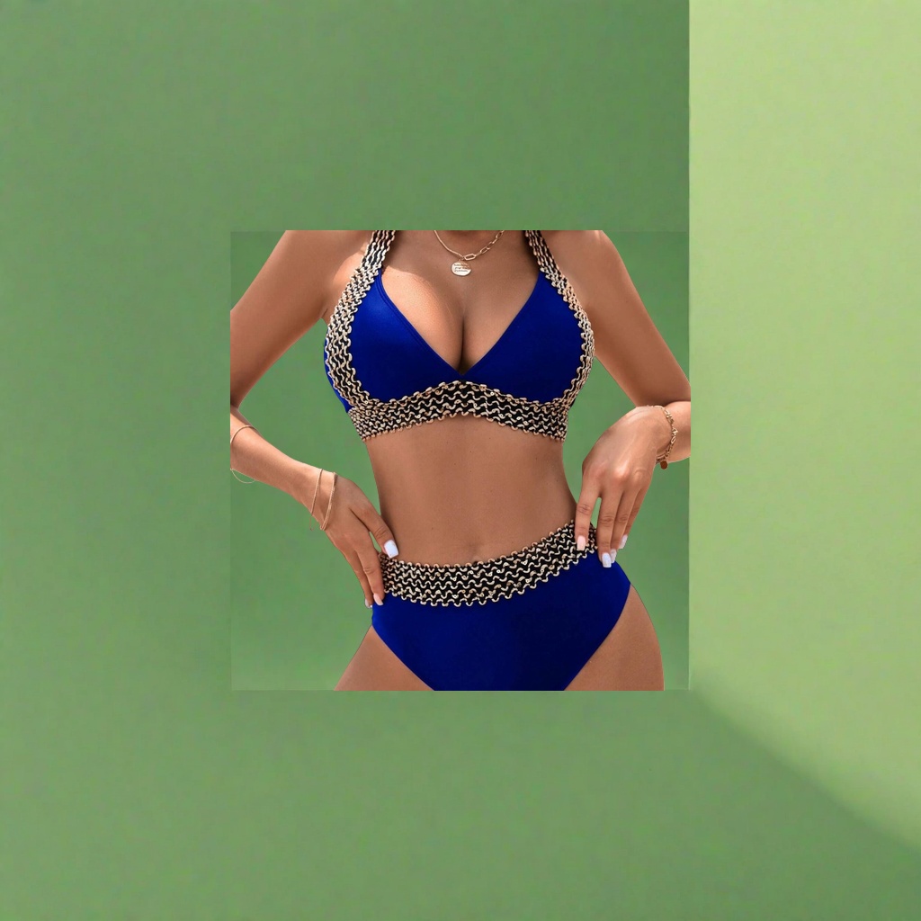 A blue women's beach bikini set with a deep V-neck, high-waisted top and black and gold wavy sequin trim on the bottom Specification image
