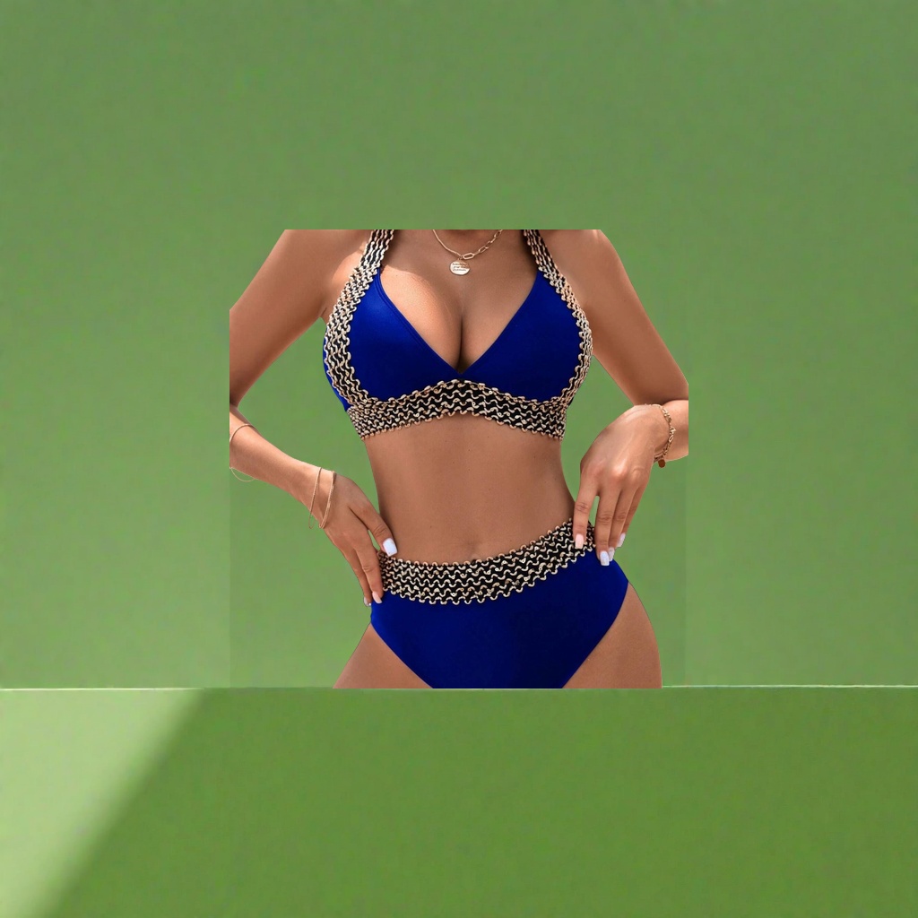 A blue women's beach bikini set with a deep V-neck, high-waisted top and black and gold wavy sequin trim on the bottom
