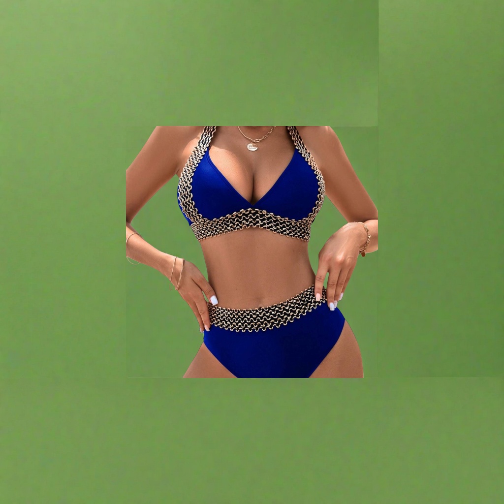 A blue women's beach bikini set with a deep V-neck, high-waisted top and black and gold wavy sequin trim on the bottom Application Scenario
