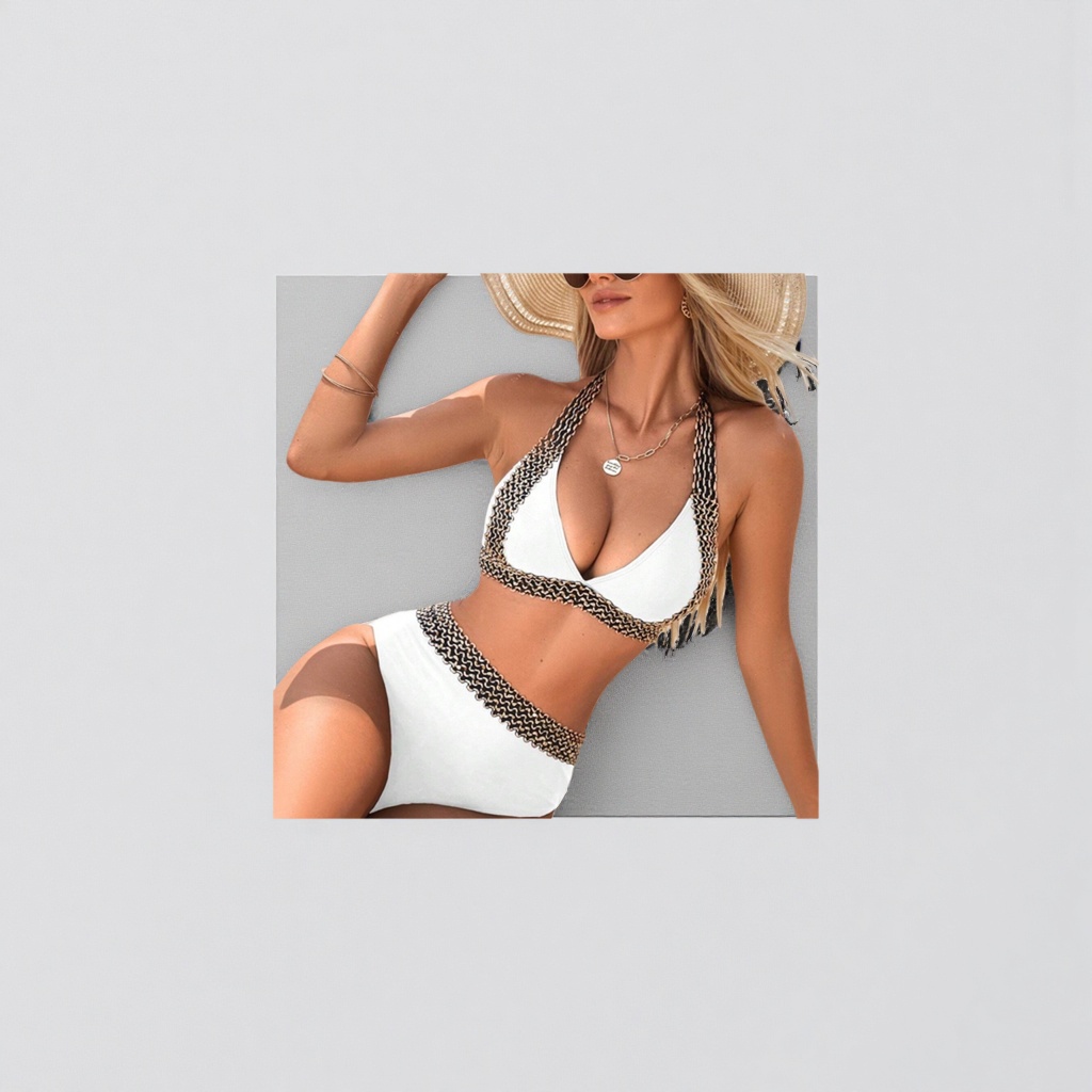 White bikini swimsuit for women with black and gold wavy pattern decoration, slimming and shaping summer new style details Picture