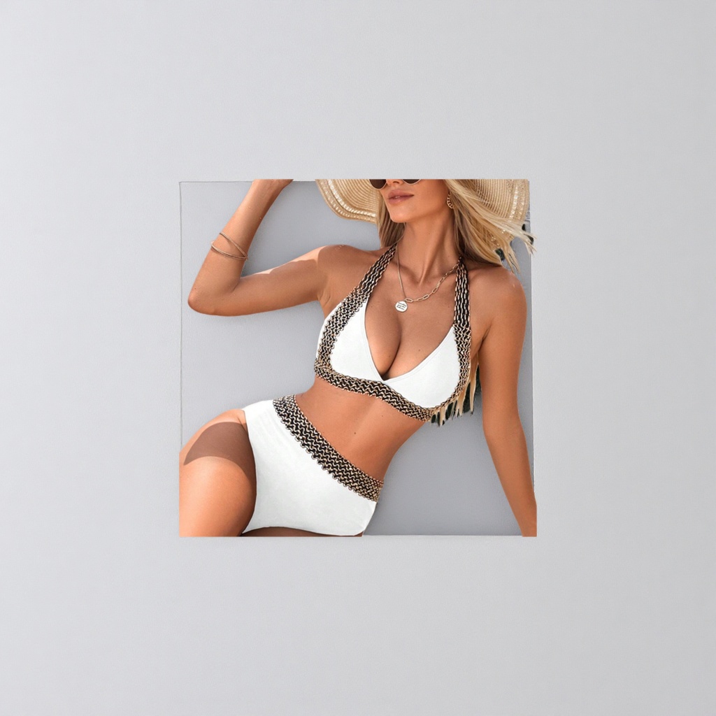 White bikini swimsuit for women with black and gold wavy pattern decoration, slimming and shaping summer new style Specification image