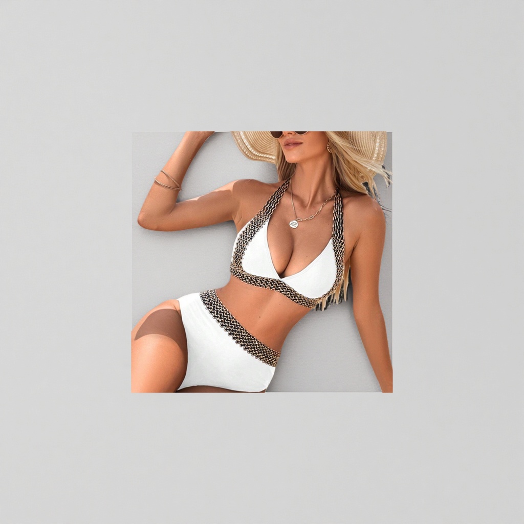 White bikini swimsuit for women with black and gold wavy pattern decoration, slimming and shaping summer new style Application Scenario