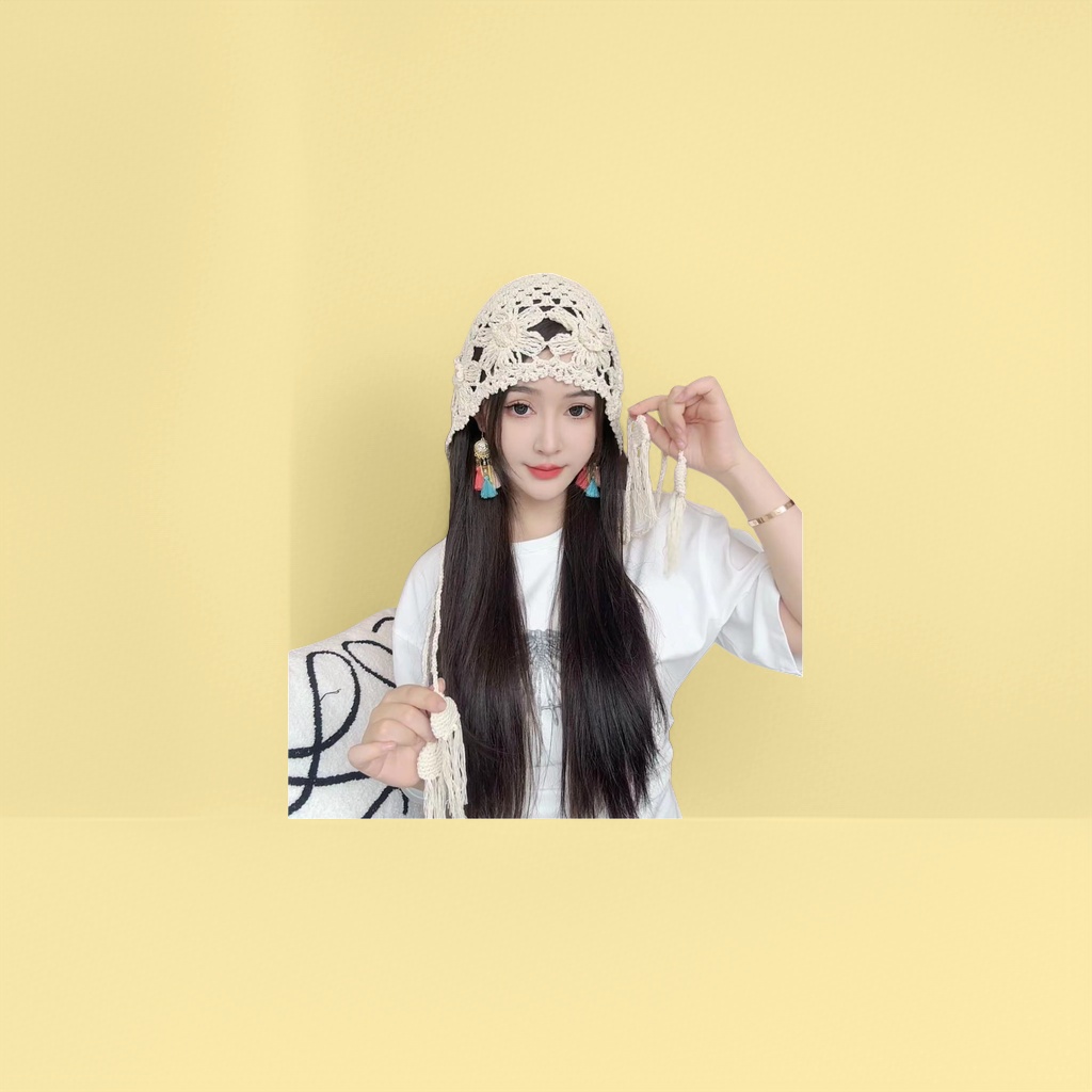 白色钩针帽 女士手工编花毛线帽 时尚百搭针织帽