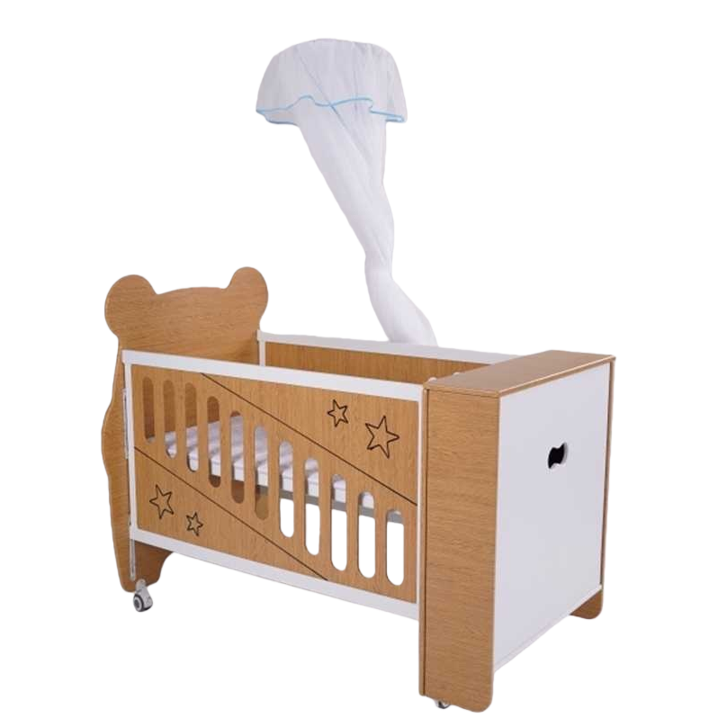 سرير الأطفال الخشبي على شكل دب مأمون مأمون مع ناموسية بيضاء Item Picture