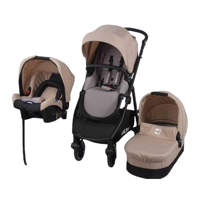 Beige baby stroller three-piece set, high view, lightweight, folding, shock-absorbing, suitable for sitting or lying down Item Picture