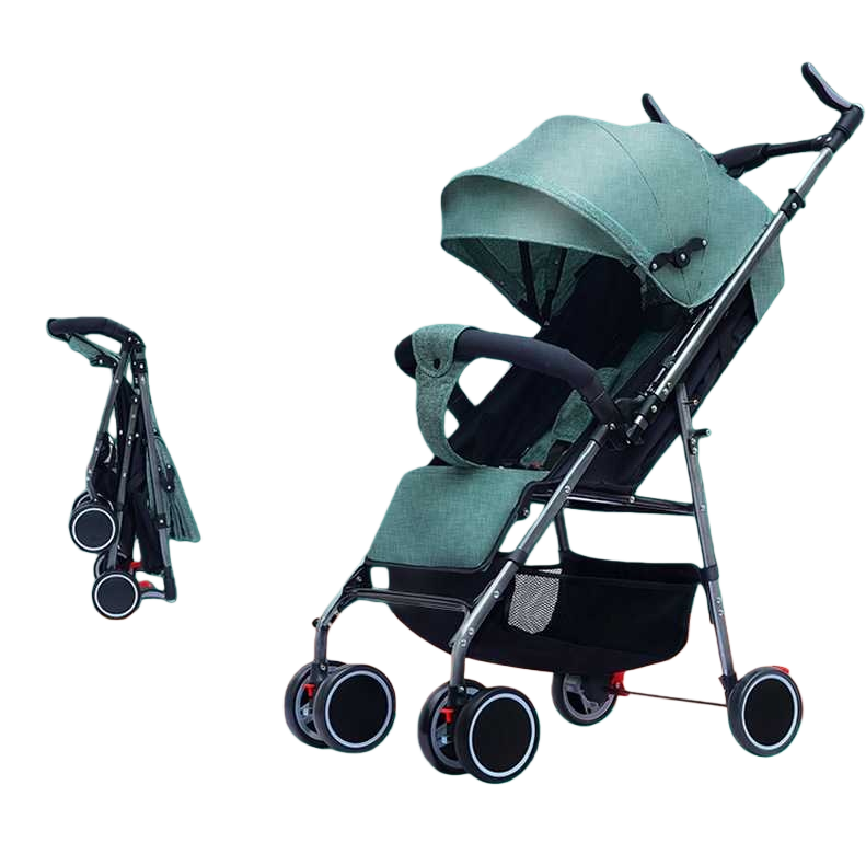 The green baby stroller is lightweight, foldable, suitable for both sitting and lying down, and features a shock-absorbing safety belt with five points Item Picture