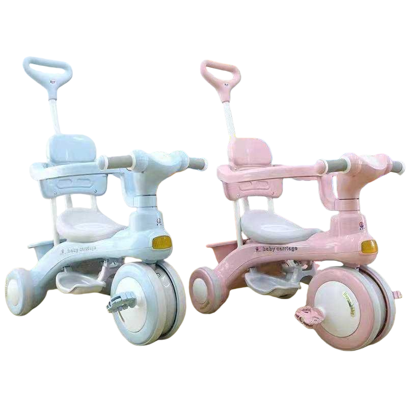 The pink and blue children's tricycle has adjustable seats with sunshades and is safe and anti-slip Item Picture