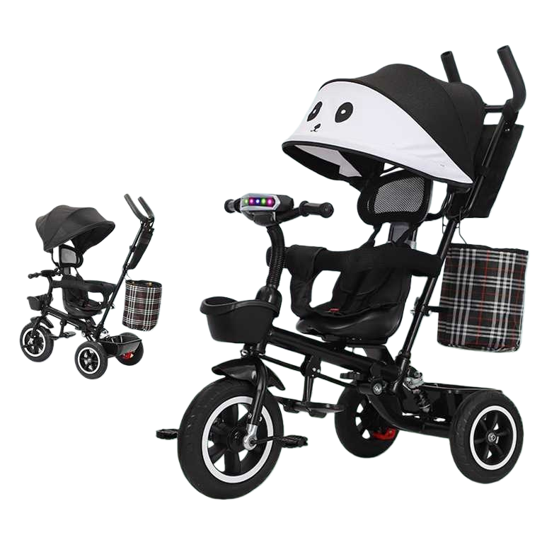 A black panda-shaped tricycle with music and lights can be folded, rotated and transformed into a chair with just one click Item Picture