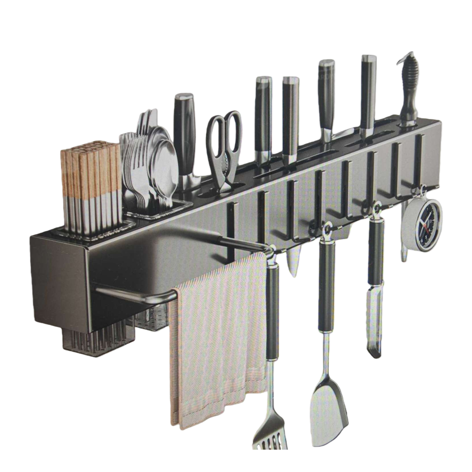 جهاز استقبال بسكين المطبخ الأسود يحتوي على ملعقة بسكين أو مقص، مجرفة أو منشفة Item Picture