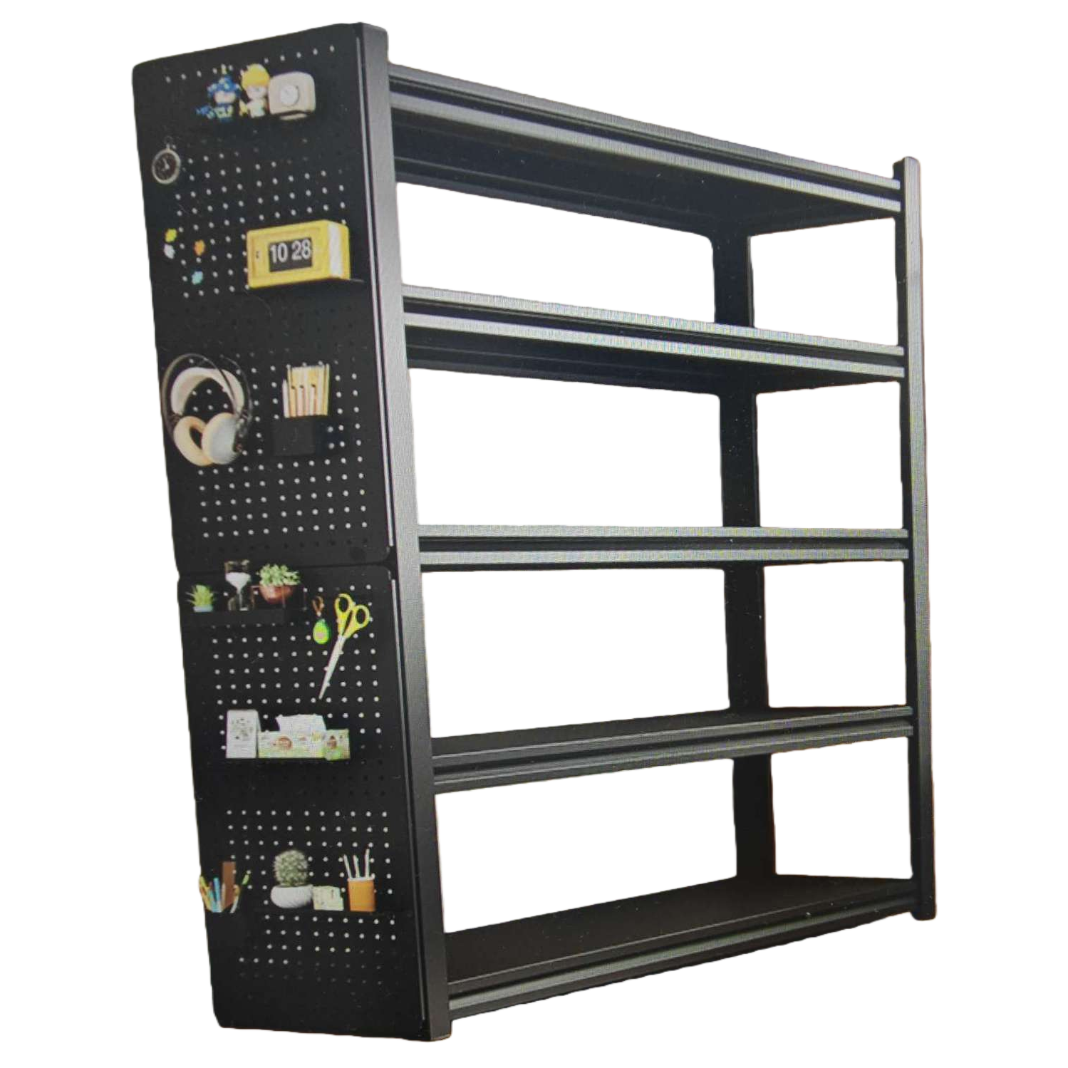 Black perforated board bookshelf, adjustable multi-functional wall storage rack without drilling Item Picture