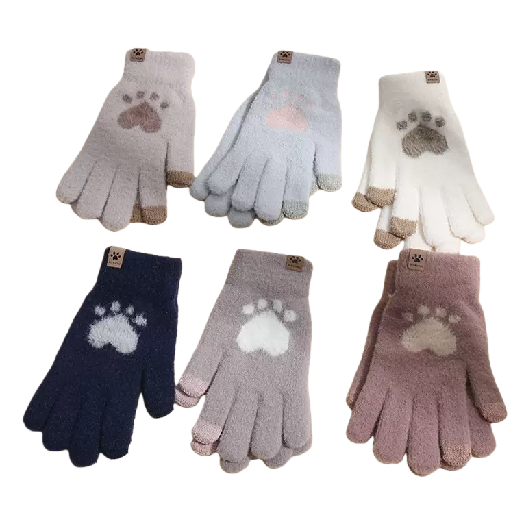 Colorful plush paw print warm gloves for both men and women, winter style thickened and anti-slip Item Picture