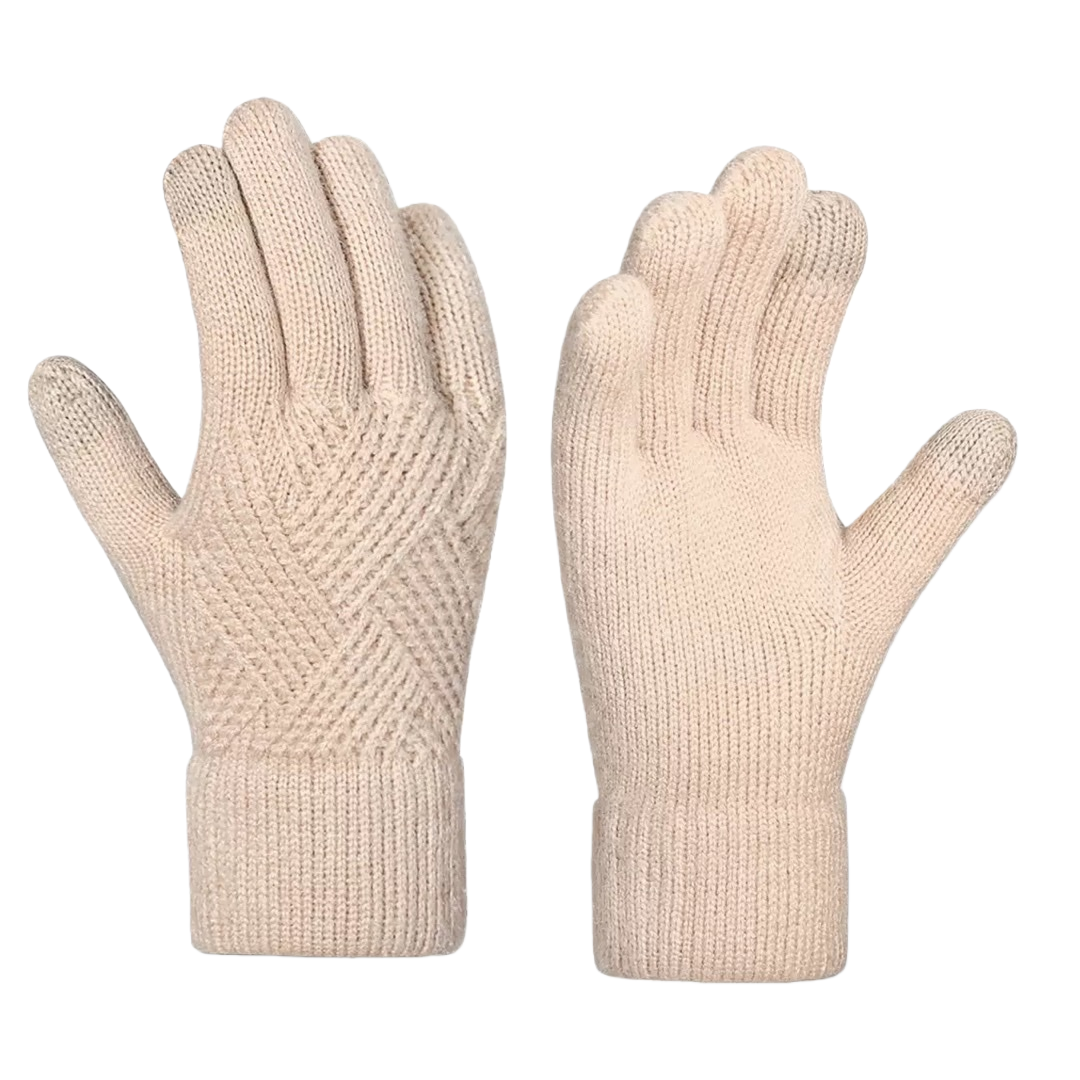 Beige knitted gloves for women, warm and anti-slip for autumn and winter, fingertip touch screen style Item Picture