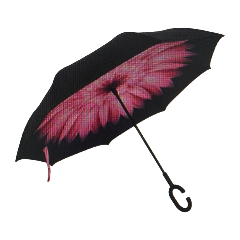 A reverse umbrella with a black canopy and pink flower patterns Item Picture