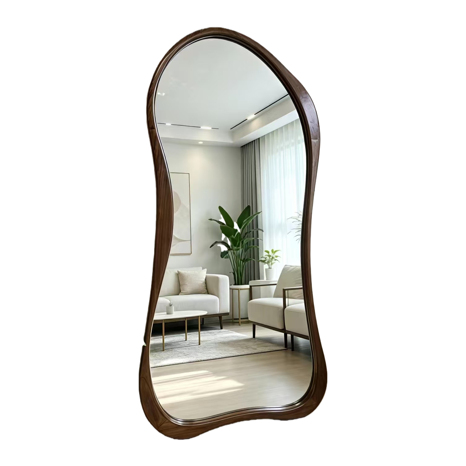 Dark brown wooden wavy frame full-length mirror for wall decoration in the living room and bedroom Application Scenario