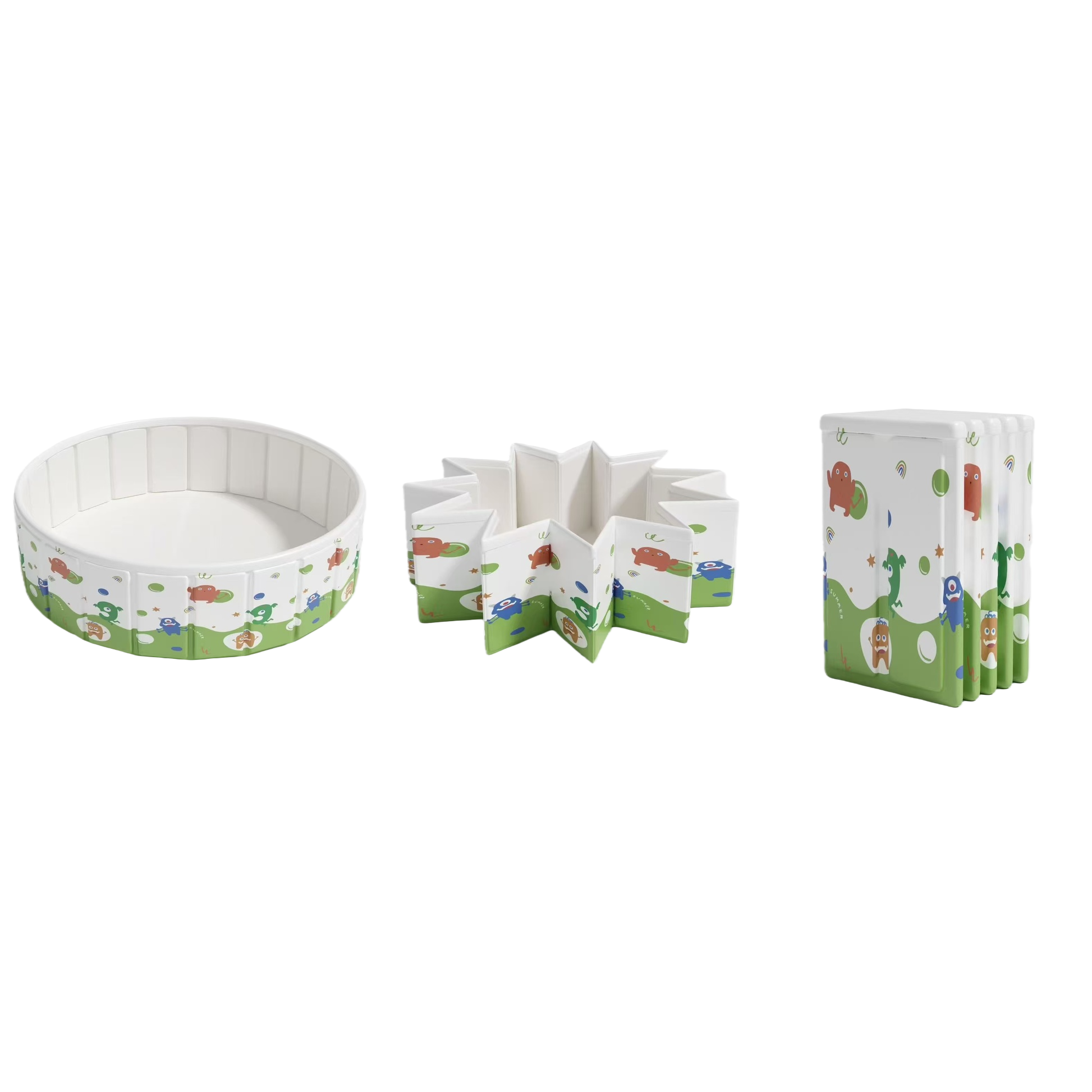 The white folding toy pool with a green bottom edge and colorful cartoon monster patterns can be unfolded in a circular star shape and stored vertically Item Picture