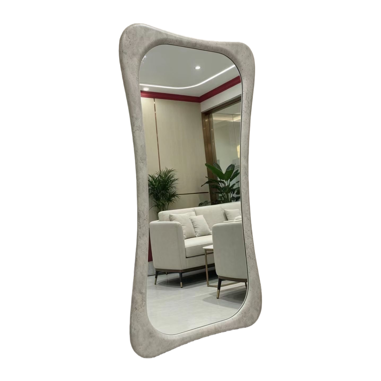 Grayish-white irregularly framed floor mirror, full-length mirror, bedroom home, no need for drilling Application Scenario