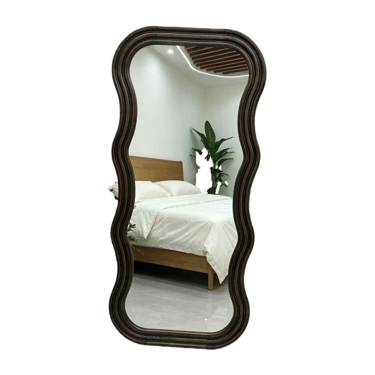 Dark brown wavy frame floor-length mirror, full-length mirror, bedroom and living room, no need for drilling Application Scenario