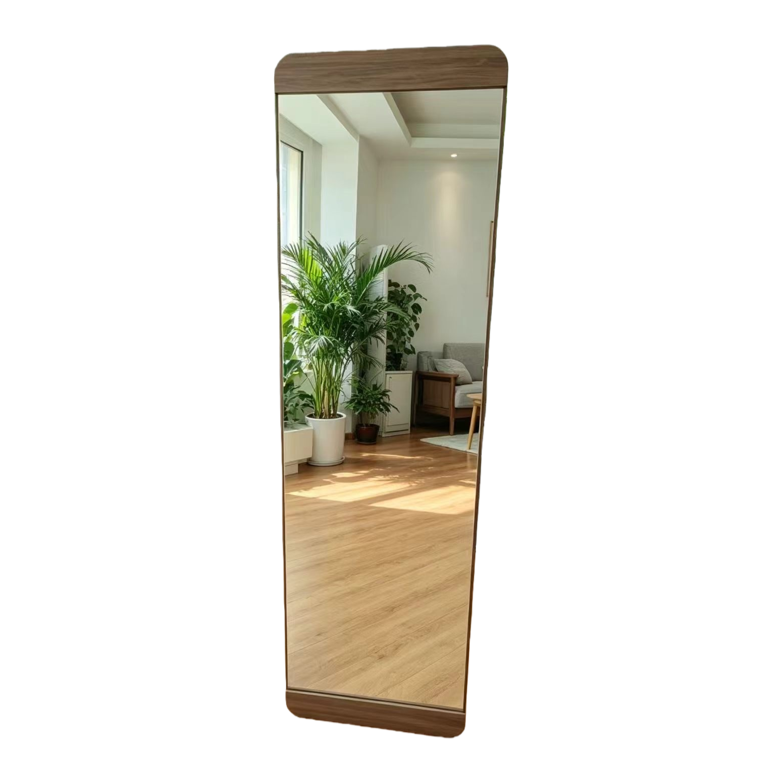 Wooden frame full-length mirror, floor-standing full-length dressing mirror for bedroom and living room without drilling Application Scenario