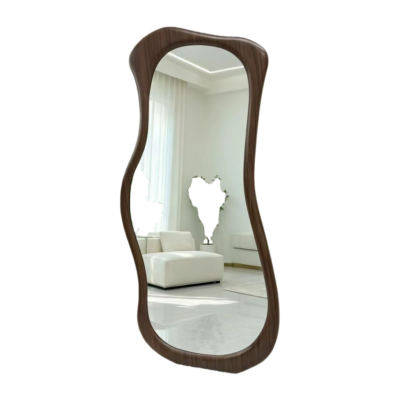 Dark brown wooden wavy floor mirror, full-length mirror, bedroom and living room decorative mirror Application Scenario