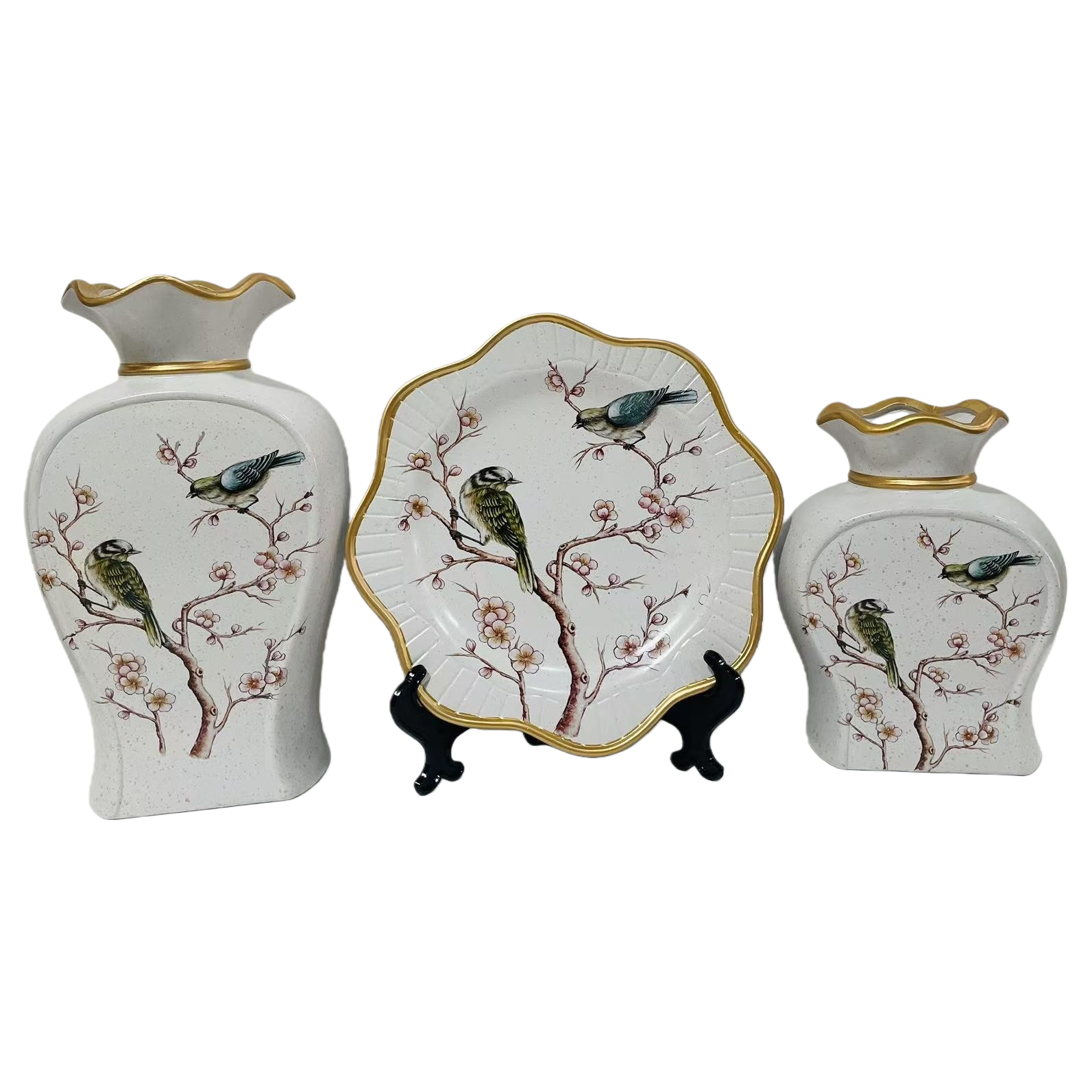 New 2026 white ceramic vase and plate set with bird-dwelling plum branch pattern and golden border ceramic vase Item Picture