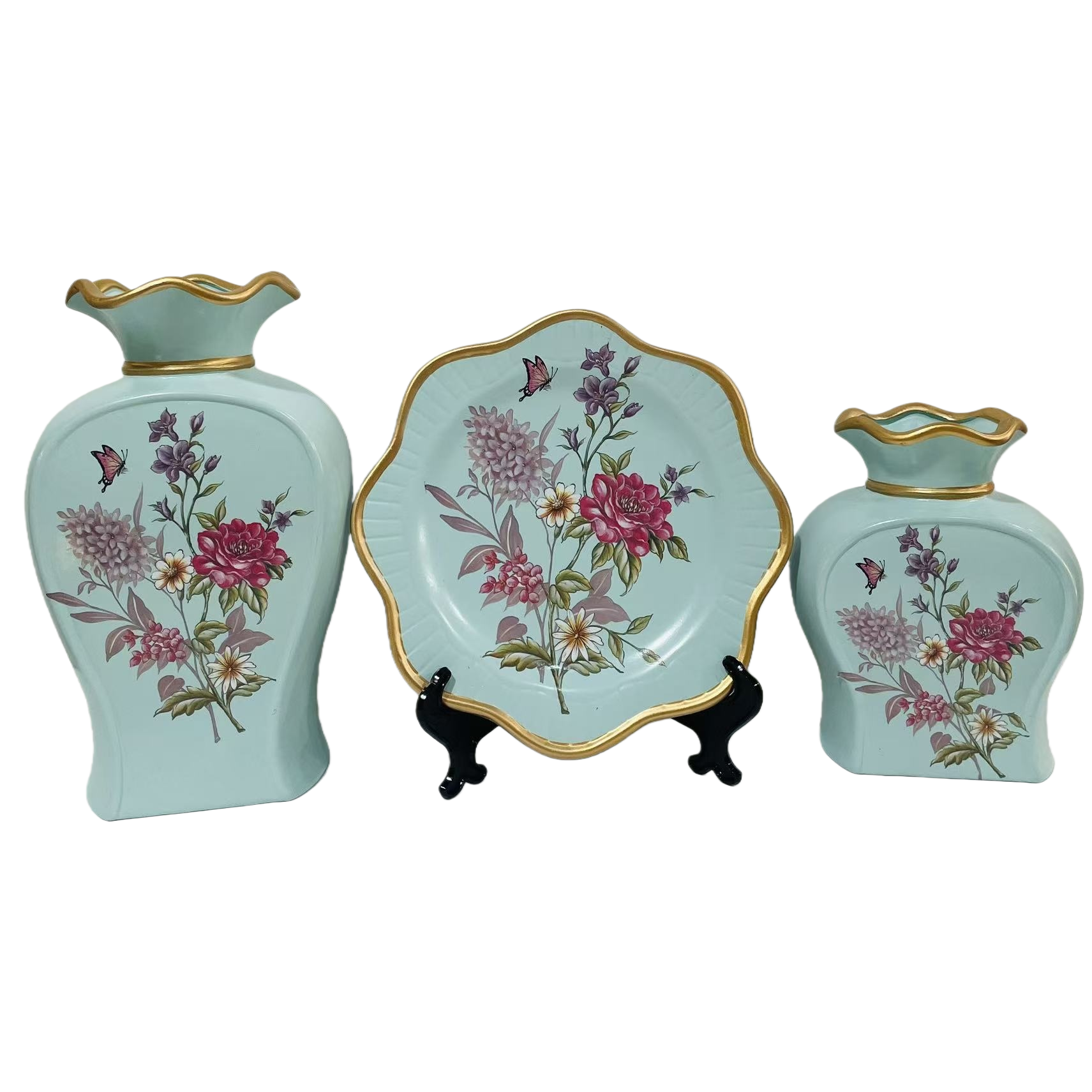 2026 New light cyan floral decorative ceramic Set, vase and plate two-piece set, hotel and home ceramic vase Item Picture