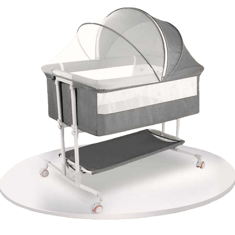 Grey crib with mosquito net, solid wood, environmentally friendly, adjustable guardrail for anti-drop Item Picture