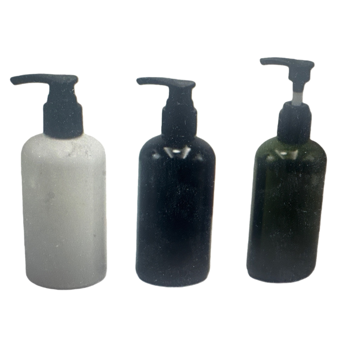 Three-bottle press-type container, with matte white, black and green bottle bodies and black pump heads Item Picture