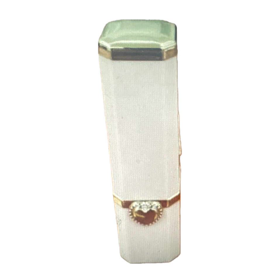 A white lipstick tube with a green cap and golden heart-shaped decoration Item Picture