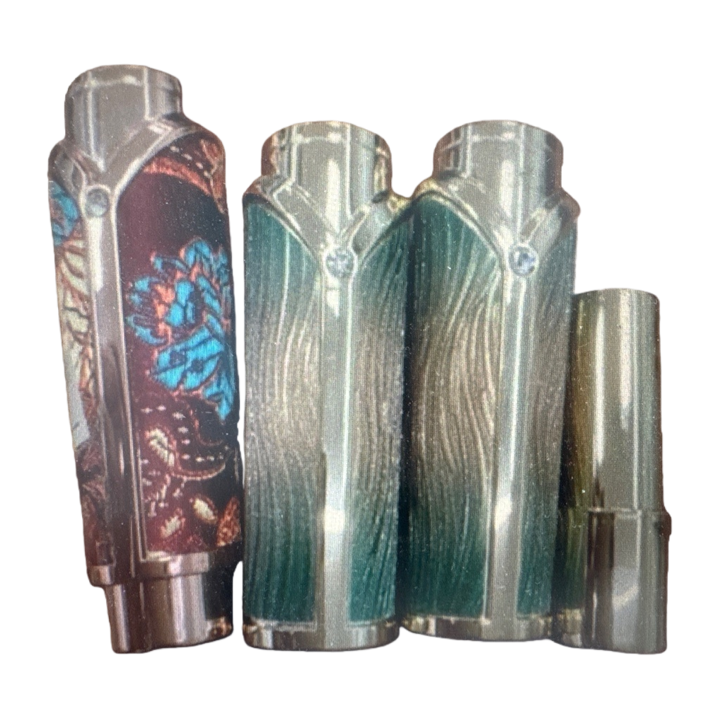 A metal casing lighter with colorful patterns and green stripes Item Picture