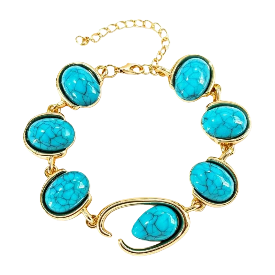 A gold bracelet set with blue-green cracked gemstones, a fashionable and light luxury accessory for women Item Picture