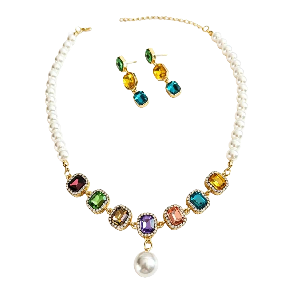 A pearl necklace with colored gemstone earrings set of fashionable and elegant accessories for women Item Picture