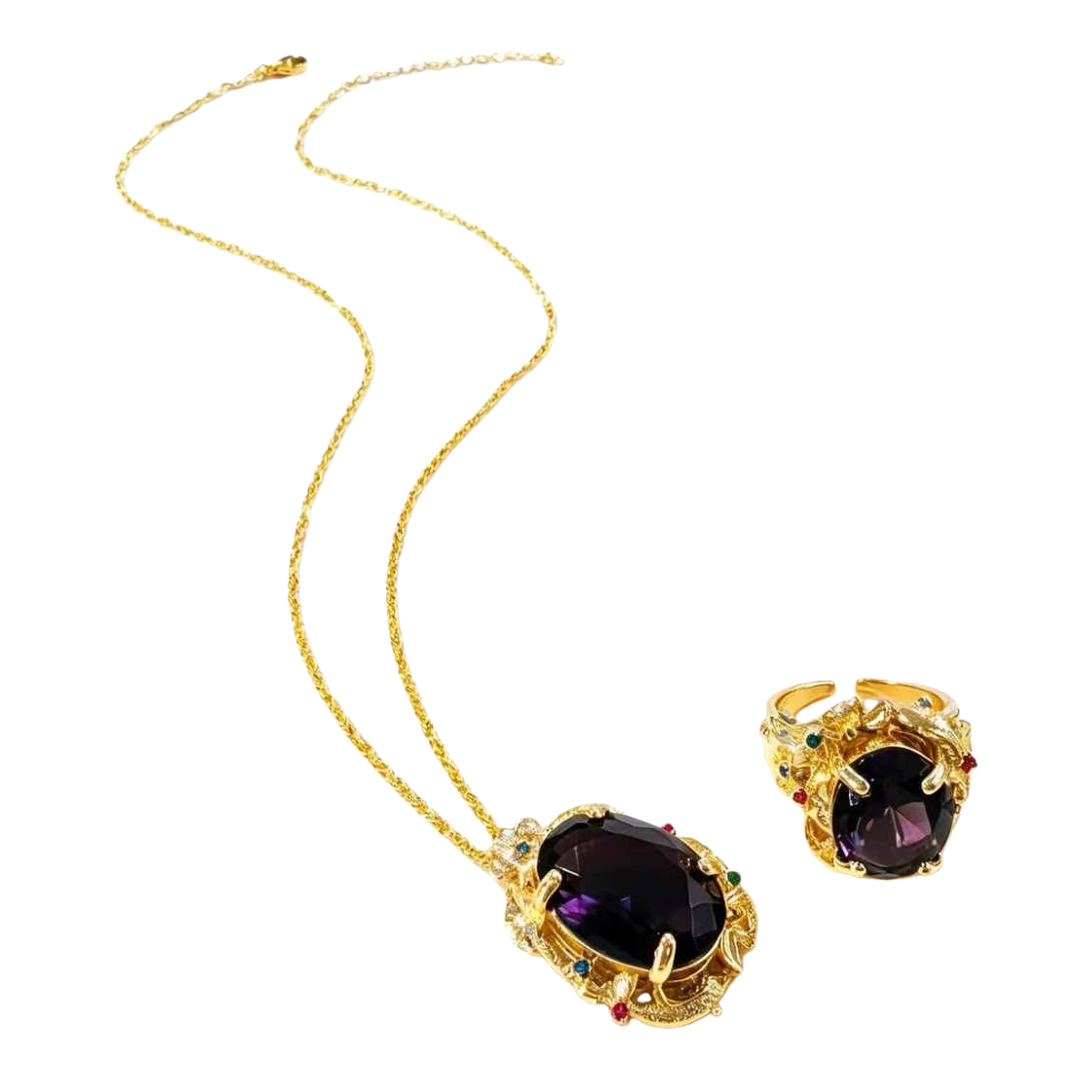 Gold necklace and ring set, deep purple oval main stone, red, green and blue colored diamonds, carved gold jewelry Item Picture