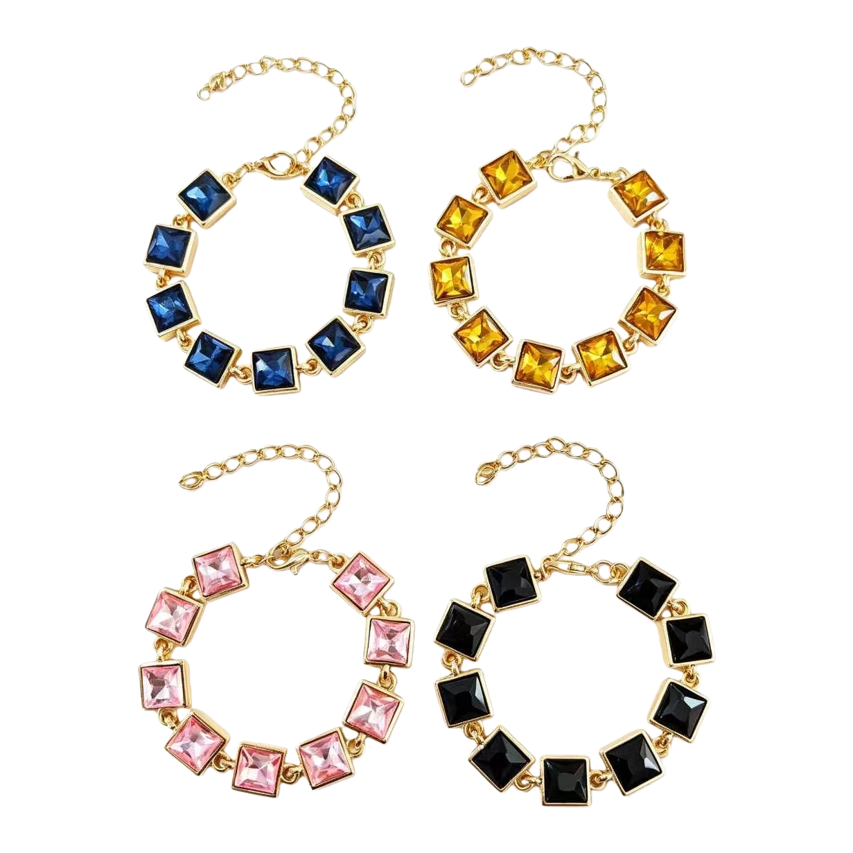 Golden chain square gemstone bracelet with four-color round beads in blue, yellow, pink and black Item Picture