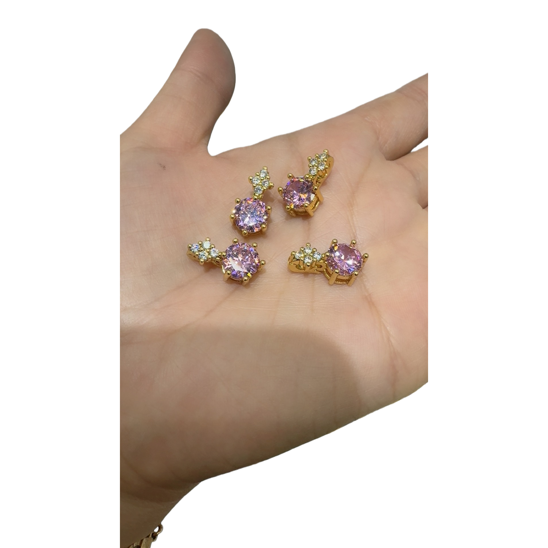 粉色宝石耳钉+手白底实物图
