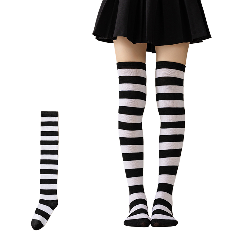Black and white striped over-the-knee stockings for women, pure cotton stretch slimming thigh-high socks Item Picture