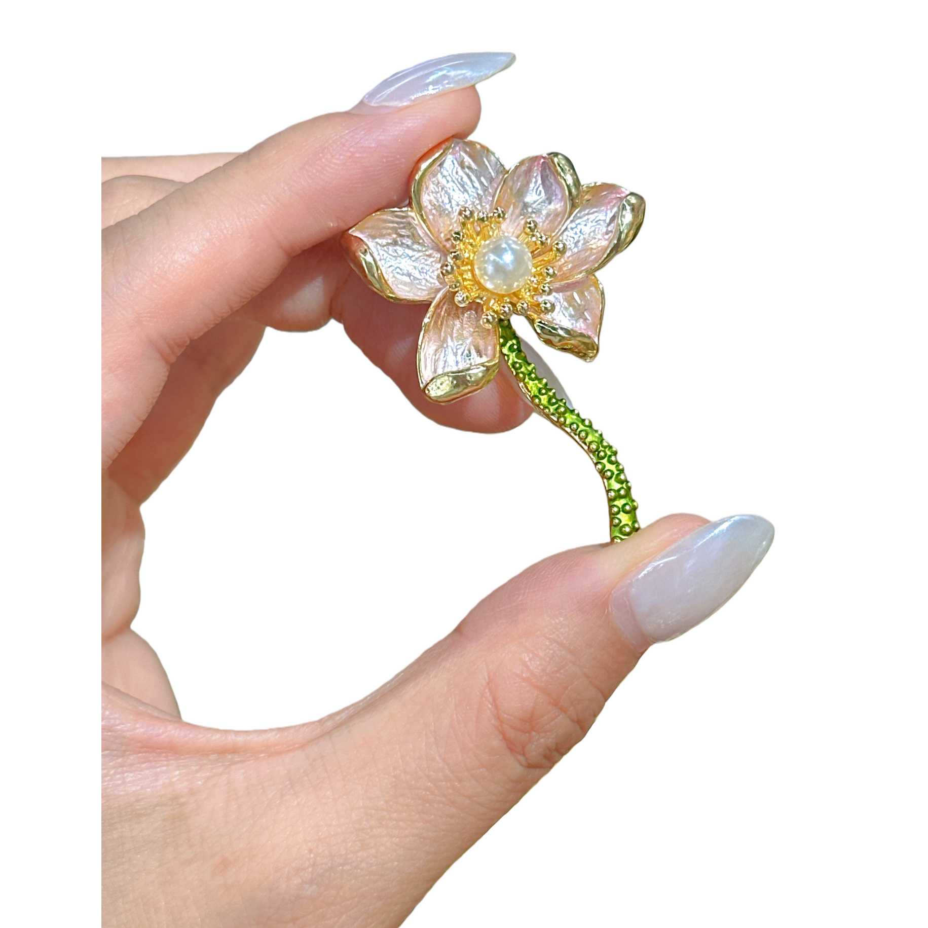 Broche flor rosa pétalos transparente con centro rosa perlas doradas tallo verde cuentas puntitos adornos Item Picture