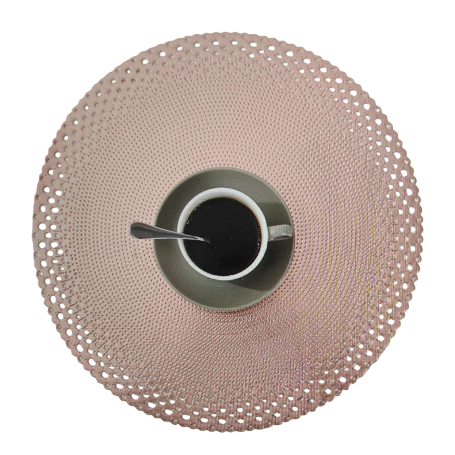 Pink hollowed-out round placemats with coffee cups and plates set home dining table decoration items Item Picture