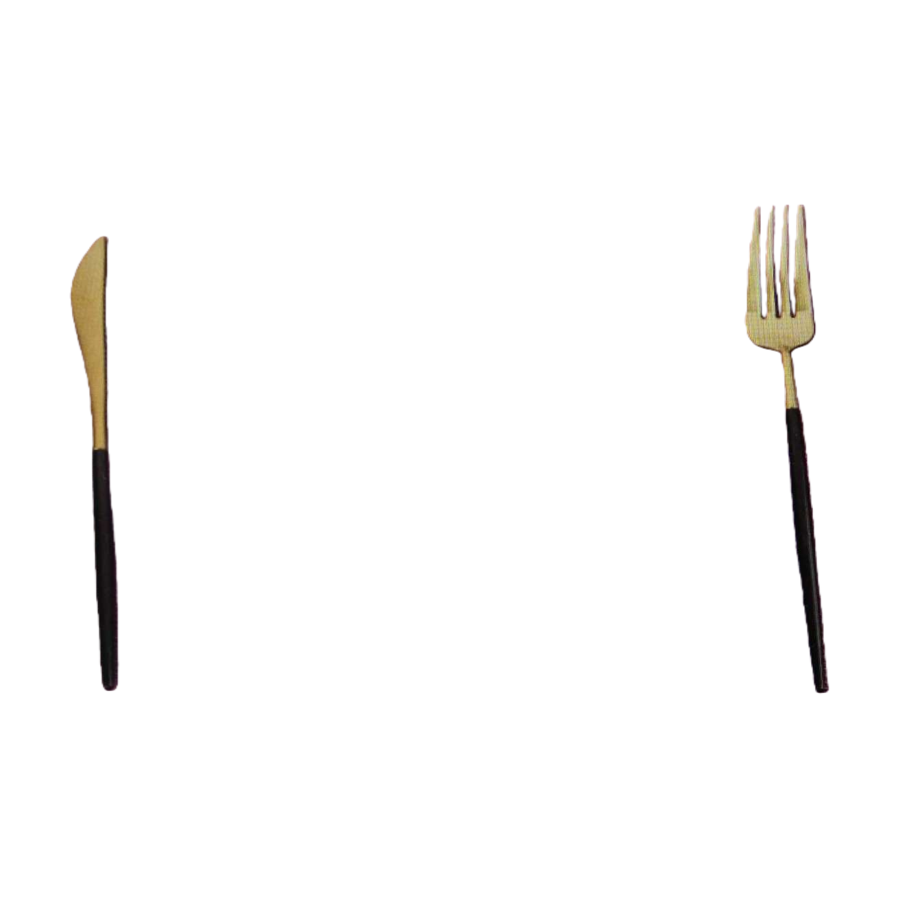 A simple Nordic-style dining table setting with golden knives and forks paired with white plates Item Picture