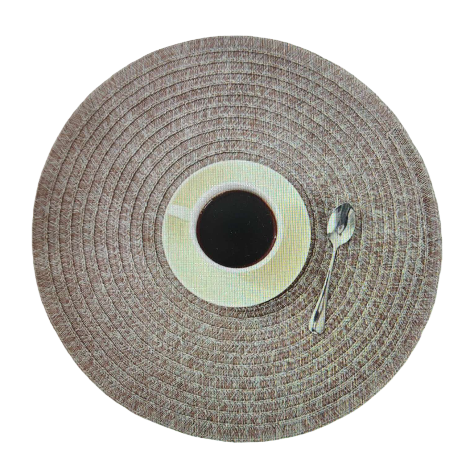 Brown woven round placemats with coffee cups, plates and spoons set home dining table decoration items Item Picture