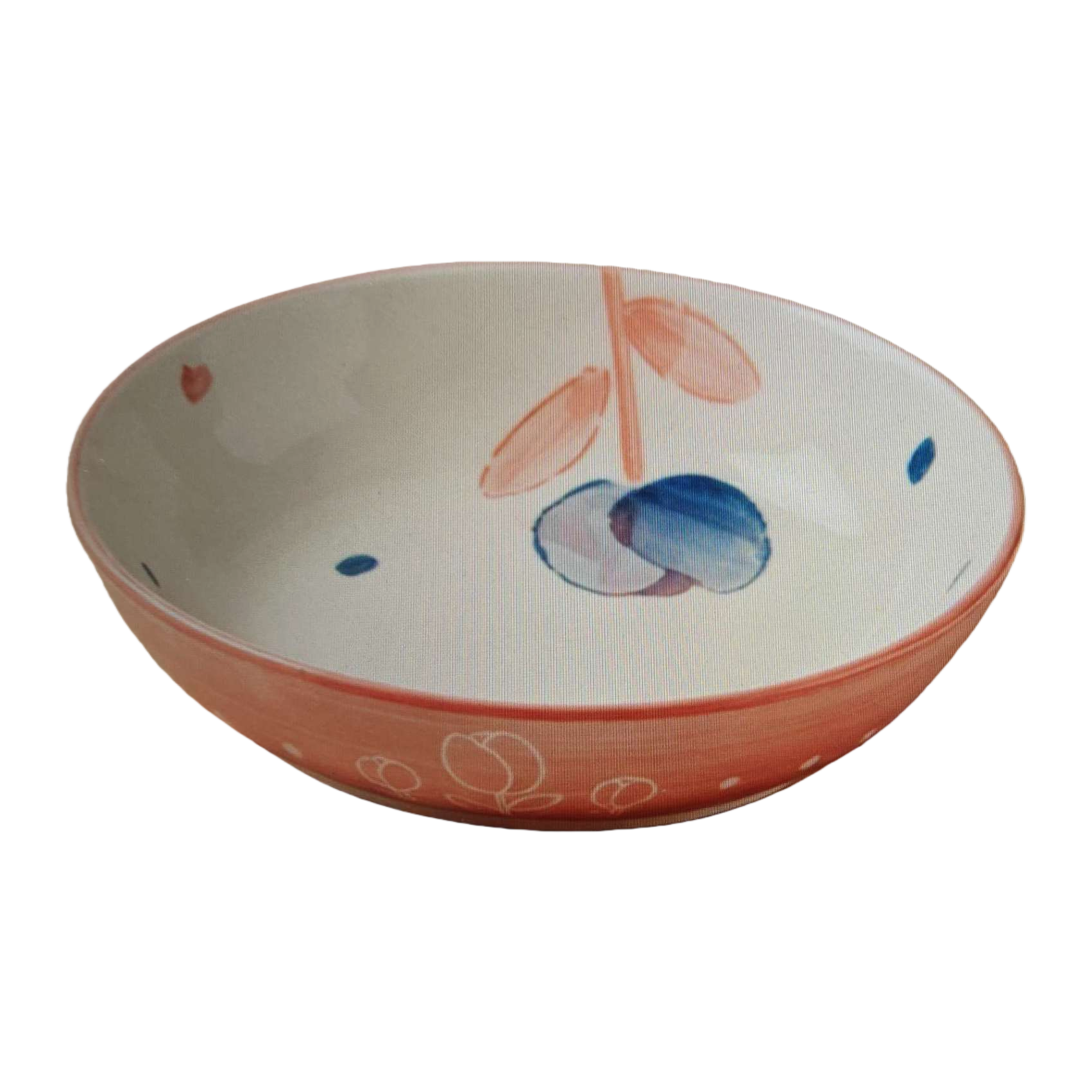 The pink ceramic bowl has a blue-red painted inner wall and a white tulip line outer wall Item Picture