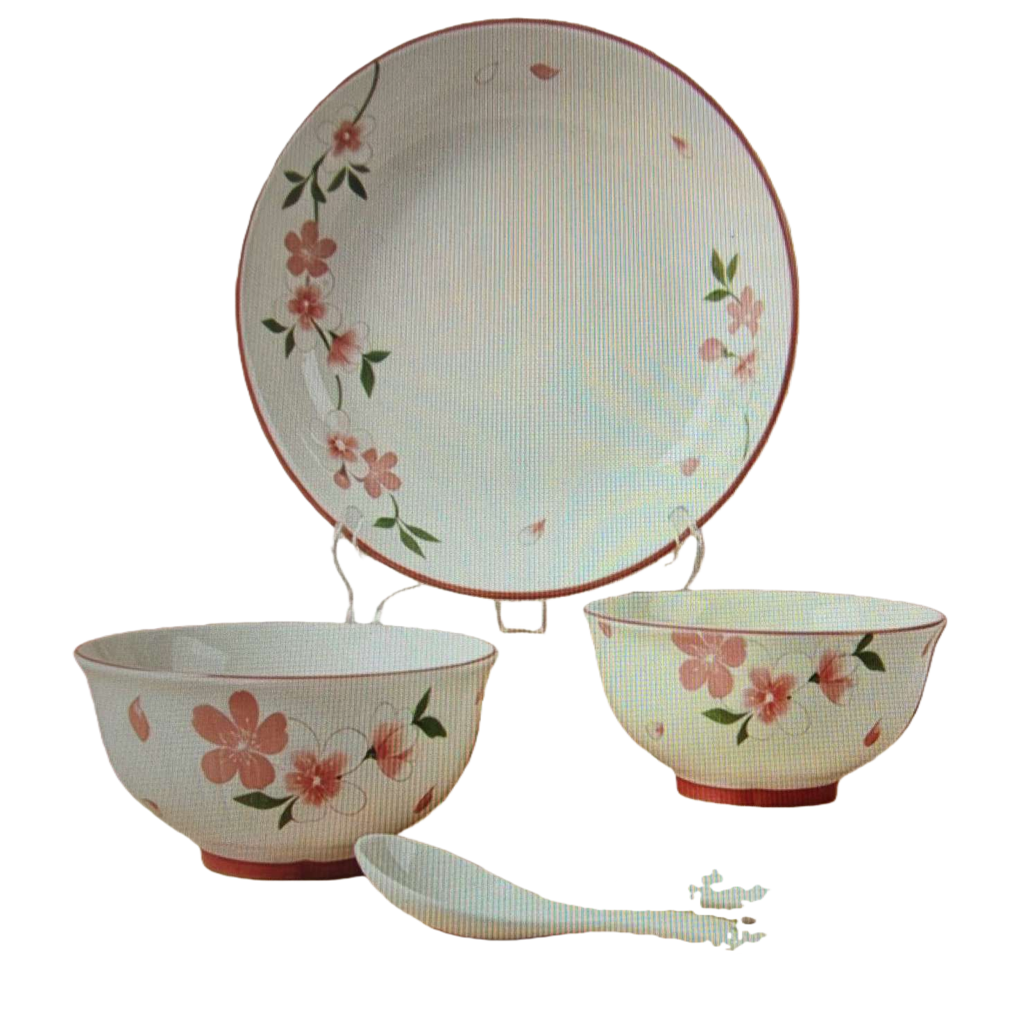 A set of white ceramic tableware with pink flowers, featuring a simple home style of bowls, plates, chopsticks and spoons Item Picture