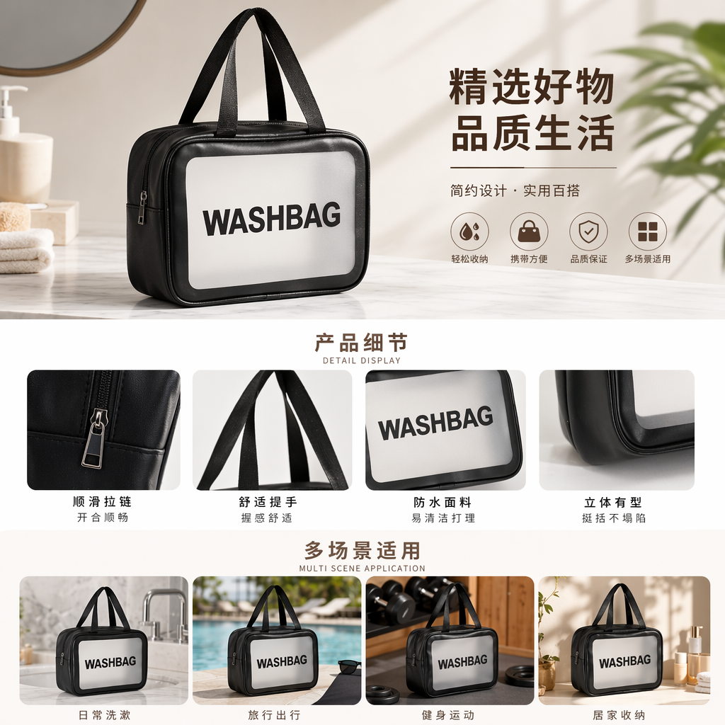 黑色洗漱包 旅行便携防水收纳包 化妆品毛巾分层整理袋详情1