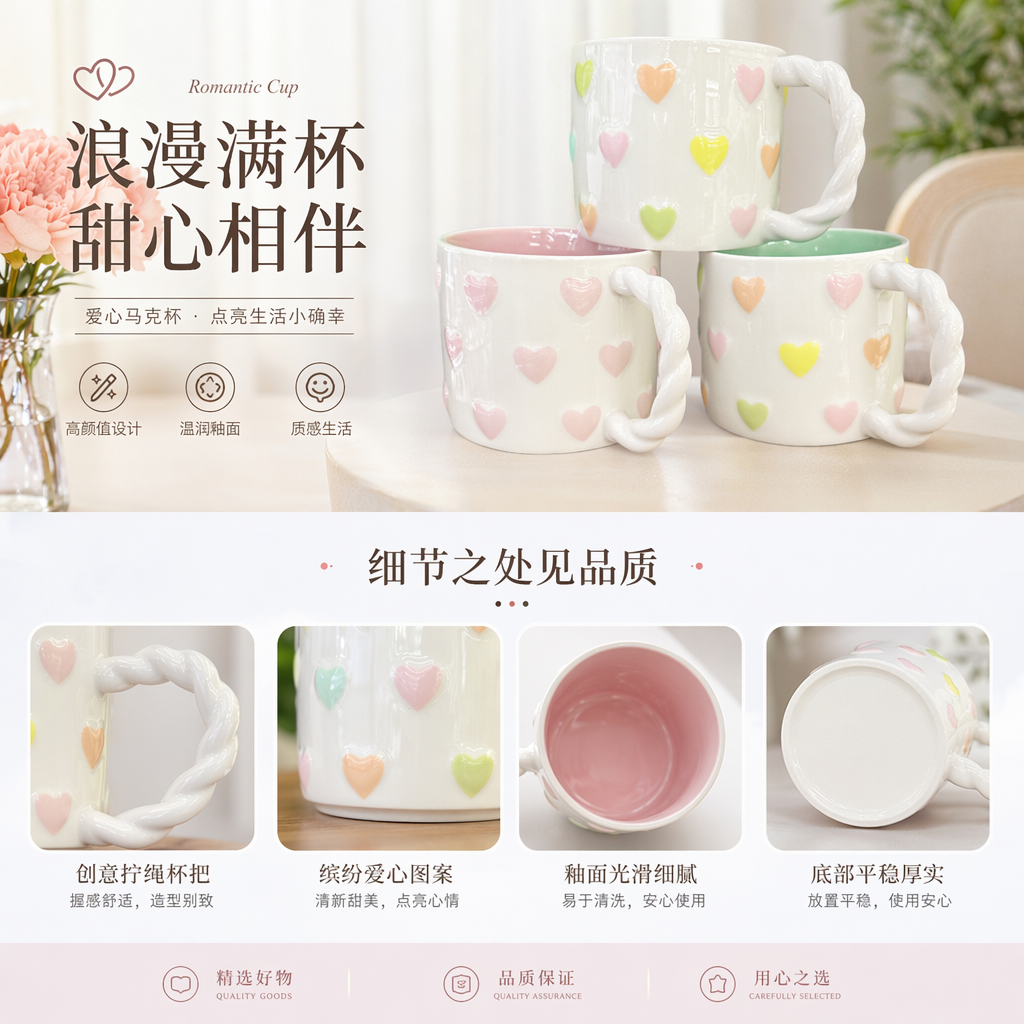 White heart-shaped patterned ceramic mug, ceramic water cup pic 1