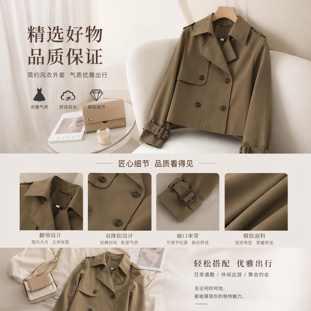 秋季欧美休闲风新款纯色短款个性街头潮流纯色休闲风衣外套女外套092904223详情1