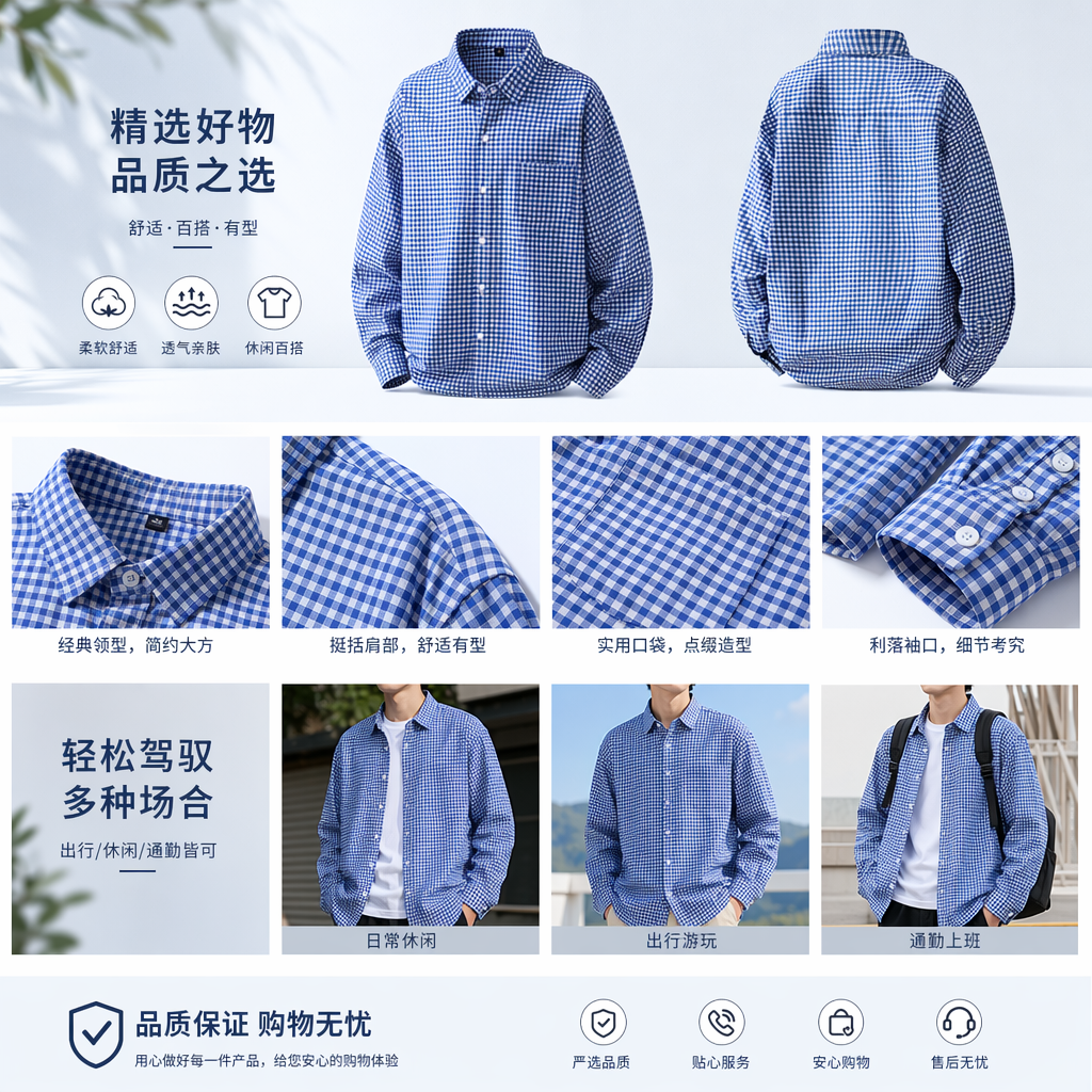 秋季新品男士长袖衬衫日系高级感男生长袖格子衬衫外套105750771详情1