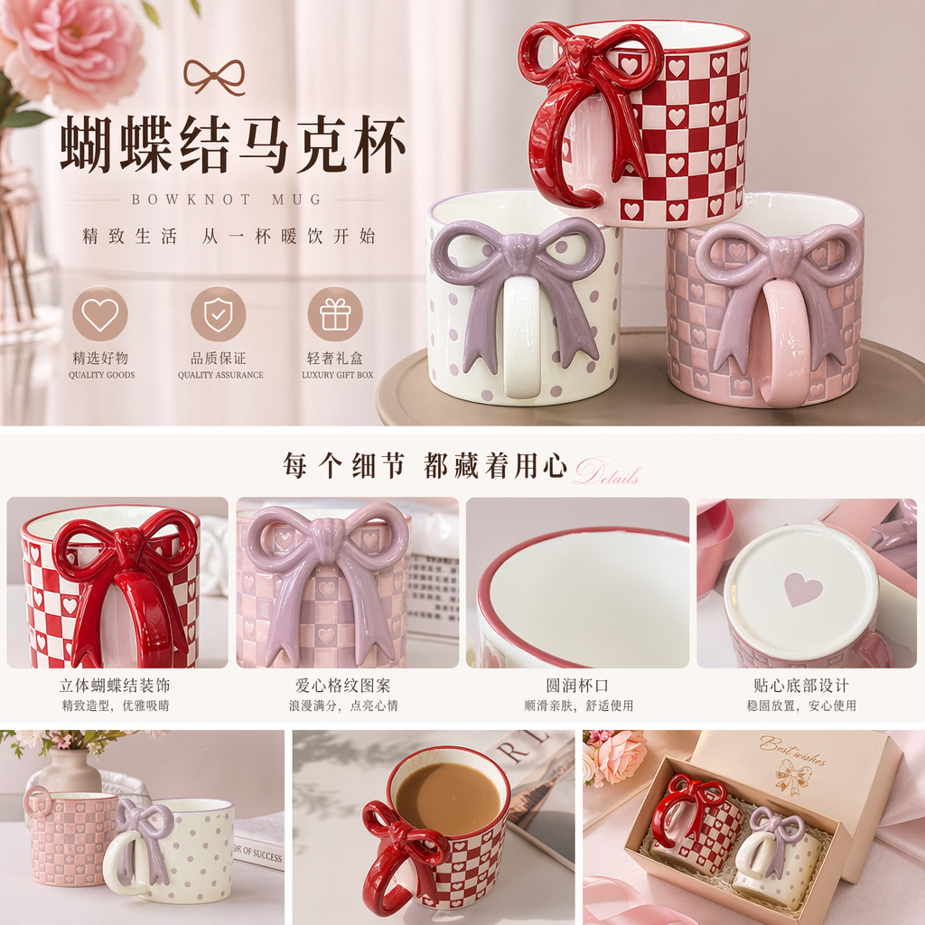 Red and white checkered heart-shaped pattern with a red bow, beige polka dots with a purple bow, and pinkish-purple checkered heart-shaped pattern with a purple bow mug pic 1
