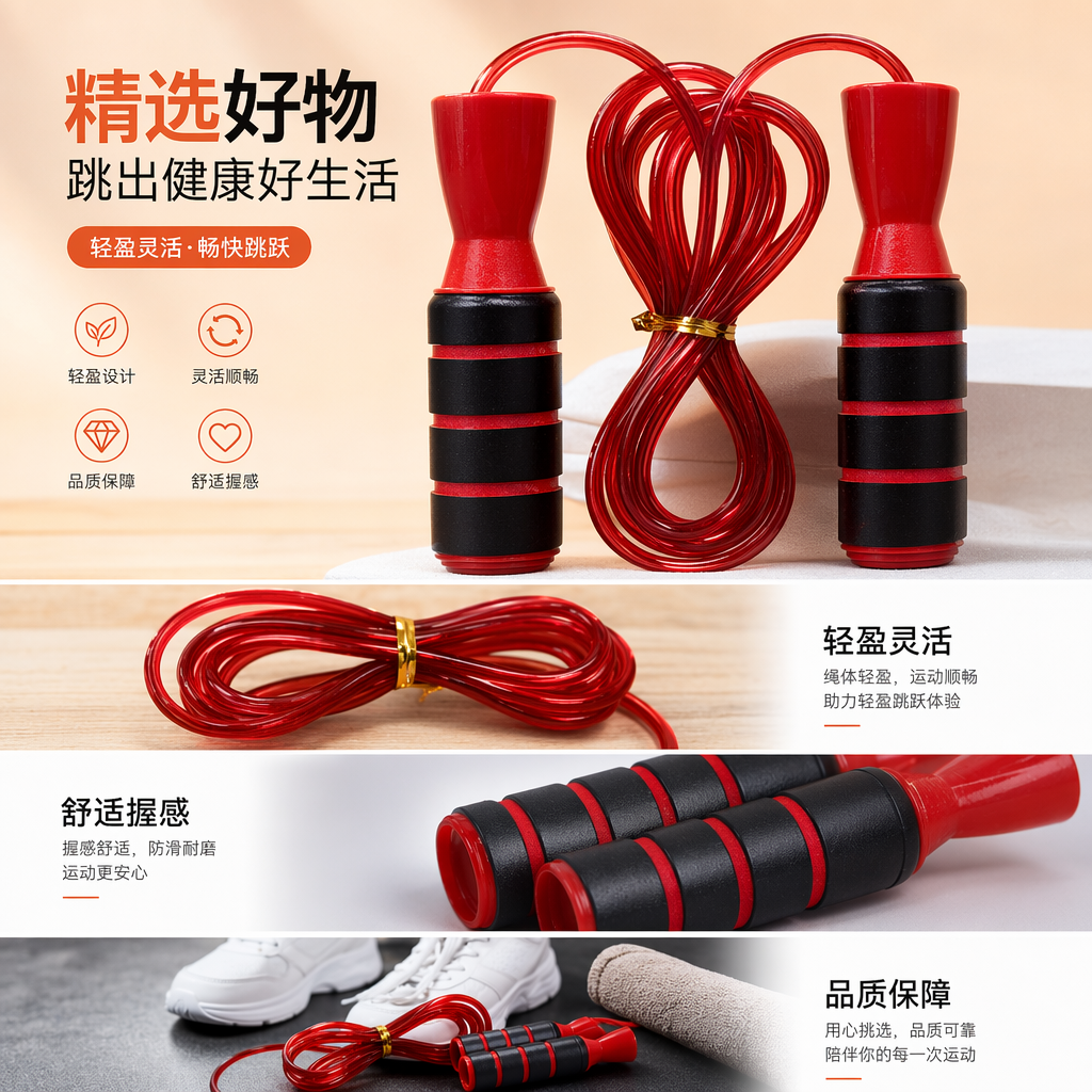 红色跳绳 专业防滑手柄加粗PVC材质健身燃脂减肥训练器材详情1